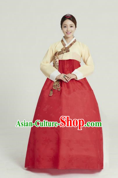 Korean Traditional Bride Tang Garment Hanbok Formal Occasions Yellow Blouse and Red Dress Ancient Costumes for Women