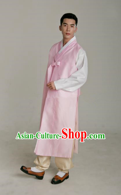 Traditional Korean Costumes Ancient Palace Korean Bridegroom Hanbok Pink Vest and Yellow Pants for Men
