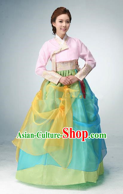 Korean Traditional Bride Tang Garment Hanbok Formal Occasions Pink Blouse and Blue Dress Ancient Costumes for Women