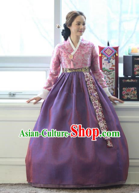 Korean Traditional Bride Tang Garment Hanbok Formal Occasions Pink Blouse and Purple Dress Ancient Costumes for Women