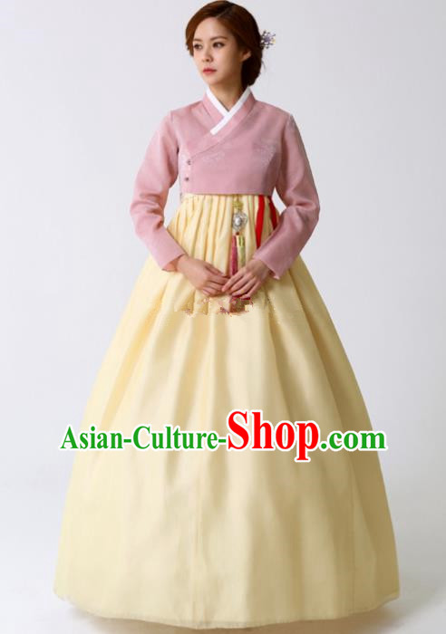 Korean Traditional Bride Tang Garment Hanbok Formal Occasions Pink Blouse and Yellow Dress Ancient Costumes for Women