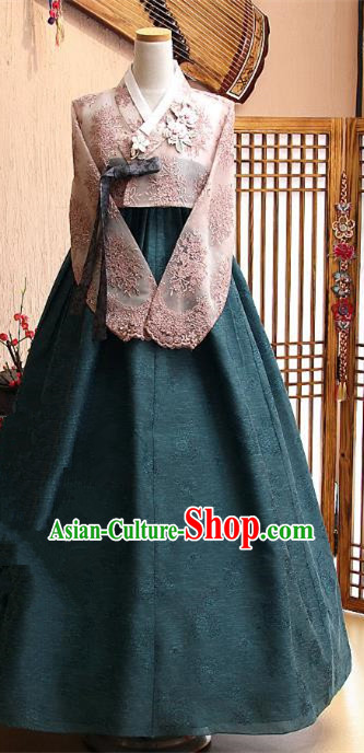 Korean Traditional Tang Garment Hanbok Formal Occasions Pink Lace Blouse and Atrovirens Dress Ancient Costumes for Women