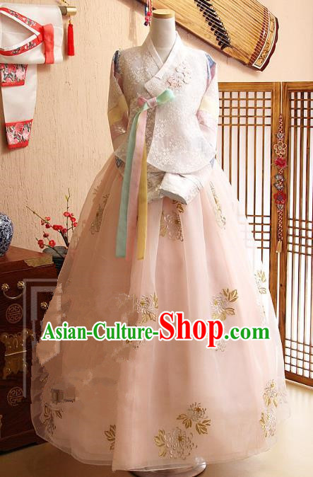 Korean Traditional Tang Garment Hanbok Formal Occasions White Lace Blouse and Pink Dress Ancient Costumes for Women