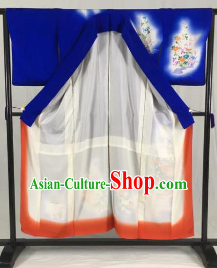 Japan Traditional Kimono Blue Furisode Kimono Ancient Yukata Dress Formal Costume for Women