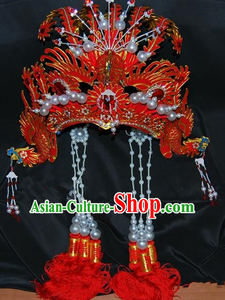 China Traditional Beijing Opera Actress Hair Accessories Chinese Peking Opera Huadan Red Phoenix Coronet for Women