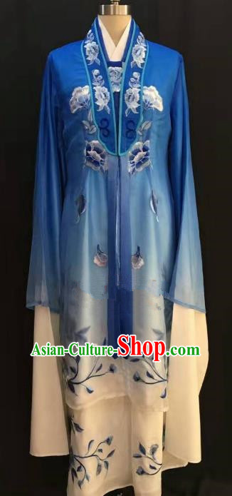 China Traditional Beijing Opera Actress Embroidered Blue Dress Chinese Shaoxing Opera Huadan Costume