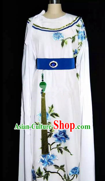 China Traditional Beijing Opera Young Men Embroidered Peony Costume Chinese Peking Opera Niche White Robe for Adults