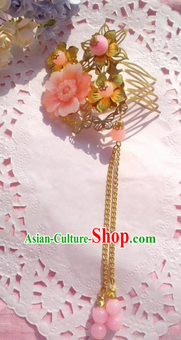 Chinese Ancient Princess Hair Accessories Pink Flowers Tassel Hair Comb Hairpins for Women
