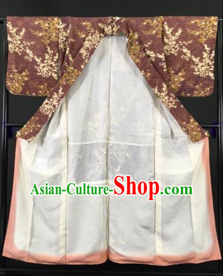 Japan Traditional Kimonos Brown Furisode Kimono Ancient Yukata Dress Formal Costume for Women