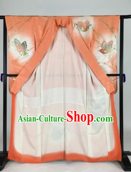 Japan Traditional Kimonos Printing Butterfly Furisode Kimono Ancient Yukata Dress Formal Costume for Women