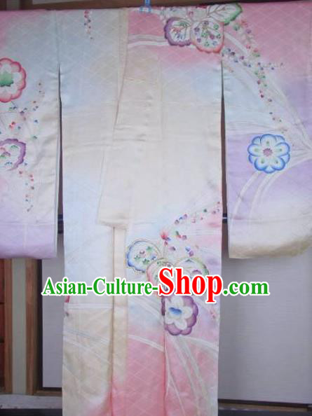 Ancient Japanese Geisha Pink Silk Furisode Kimonos Traditional Female Yukata Dress Formal Costume for Women