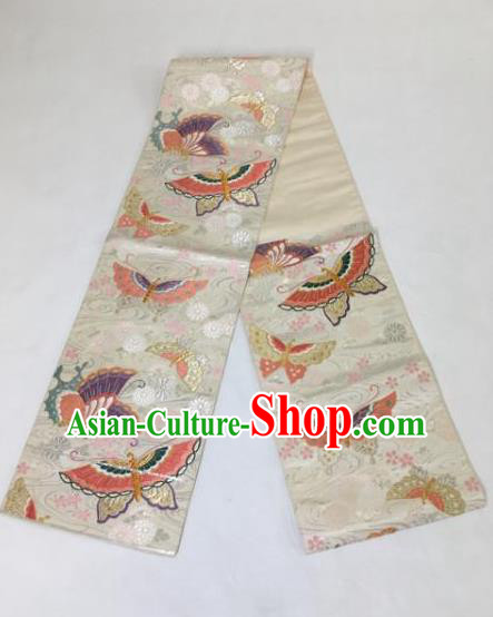 Japanese Traditional Brocade Embroidered Butterfly Waistband Kimono Yukata White Belts for Women
