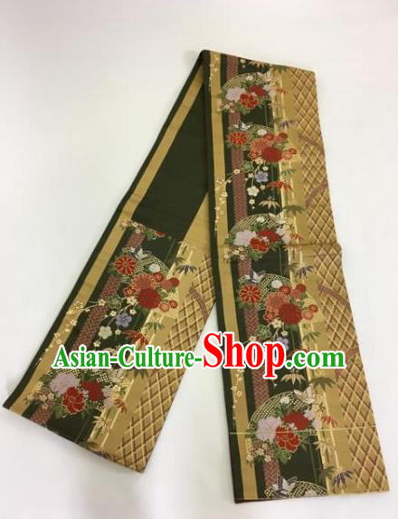 Japanese Traditional Kimono Yukata Dress Black and Golden Belts Courtesan Brocade Waistband for Women