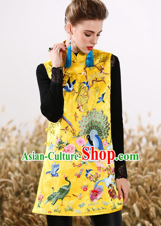Chinese National Costume Traditional Embroidered Yellow Vests Waistcoat for Women
