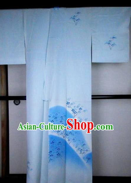 Ancient Japanese Palace Printing Blue Furisode Kimonos Traditional Yukata Dress Formal Costume for Women