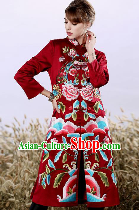 Chinese National Costume Embroidered Red Qipao Dress Silk Cheongsam for Women