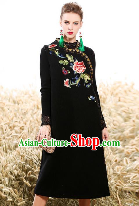 Chinese National Costume Traditional Embroidered Vests Dress Black Cheongsam for Women