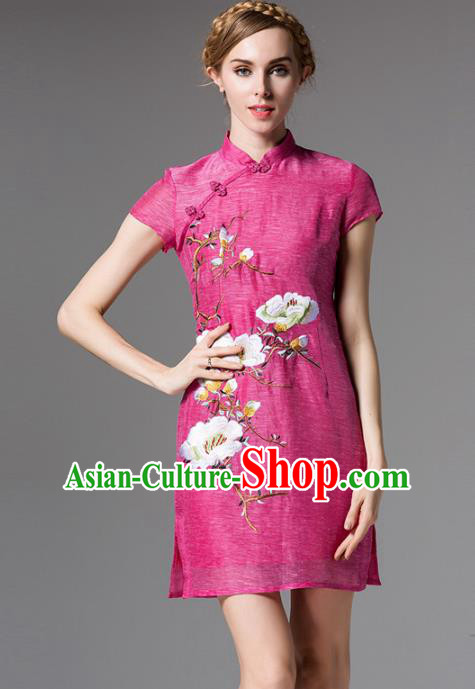 Chinese National Costume Embroidered Pink Qipao Dress Stand Collar Cheongsam for Women