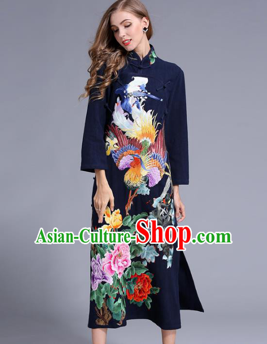Chinese National Costume Stand Collar Navy Cheongsam Embroidered Peony Qipao Dress for Women