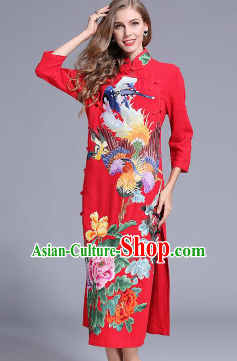 Chinese National Costume Stand Collar Red Cheongsam Embroidered Peony Qipao Dress for Women