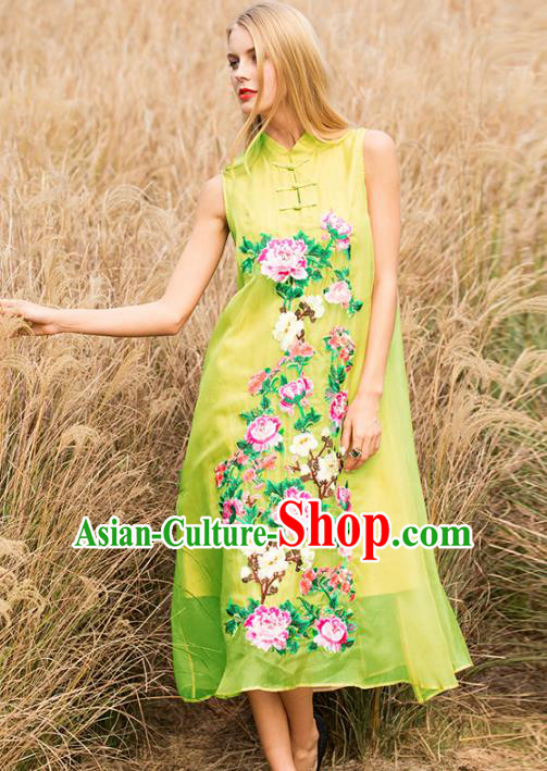 Chinese National Costume Stand Collar Yellow Cheongsam Embroidered Peony Sleeveless Qipao Dress for Women