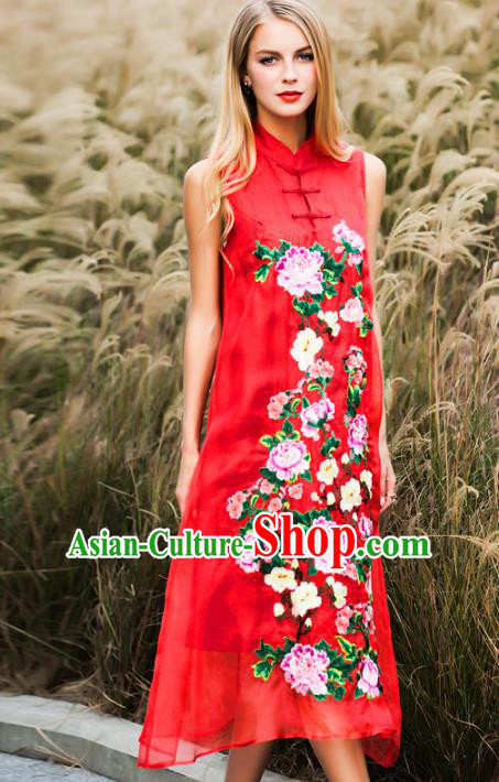 Chinese National Costume Stand Collar Red Cheongsam Embroidered Peony Sleeveless Qipao Dress for Women