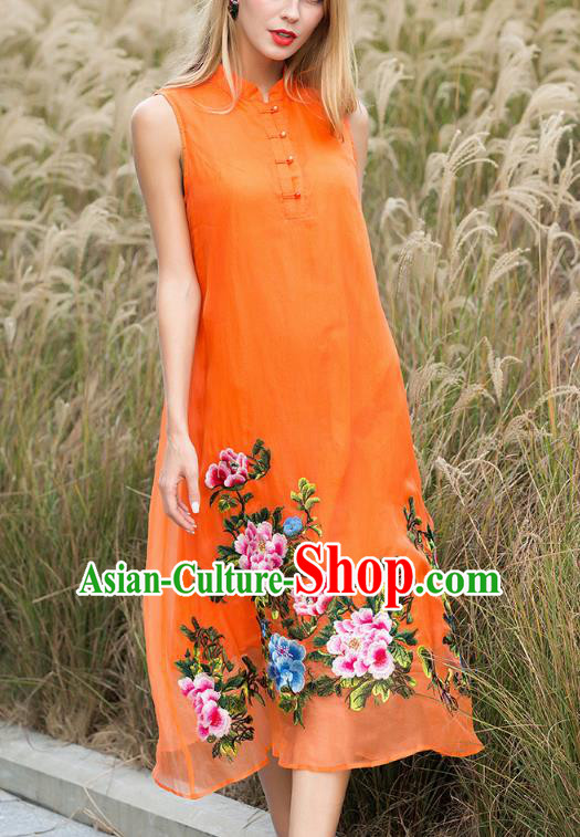 Chinese National Costume Orange Silk Cheongsam Embroidered Peony Qipao Dress for Women