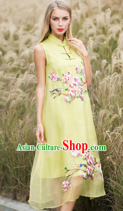 Chinese National Costume Yellow Silk Cheongsam Embroidered Peach Blossom Qipao Dress for Women