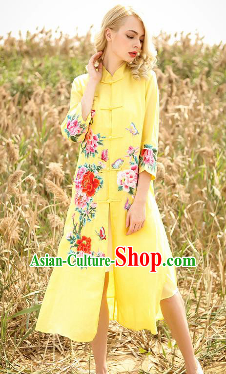 Chinese National Costume Yellow Cardigan Cheongsam Embroidered Peony Qipao Dress for Women
