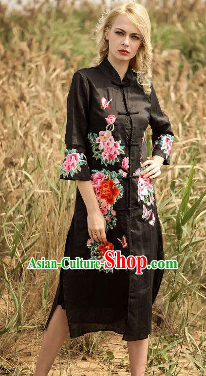 Chinese National Costume Black Cardigan Cheongsam Embroidered Peony Qipao Dress for Women