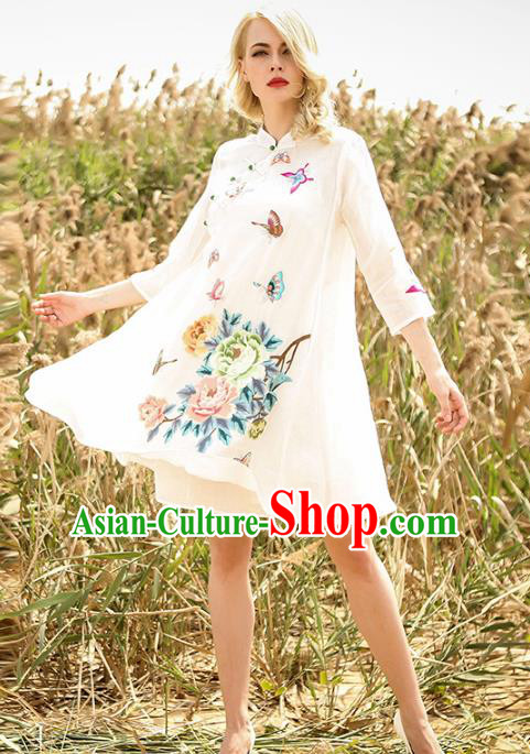Chinese National Costume White Cheongsam Embroidered Peony Butterfly Qipao Dress for Women