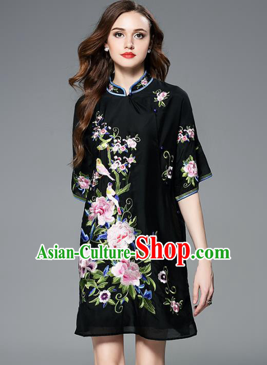 Chinese National Costume Embroidered Peony Cheongsam Black Qipao Dress for Women