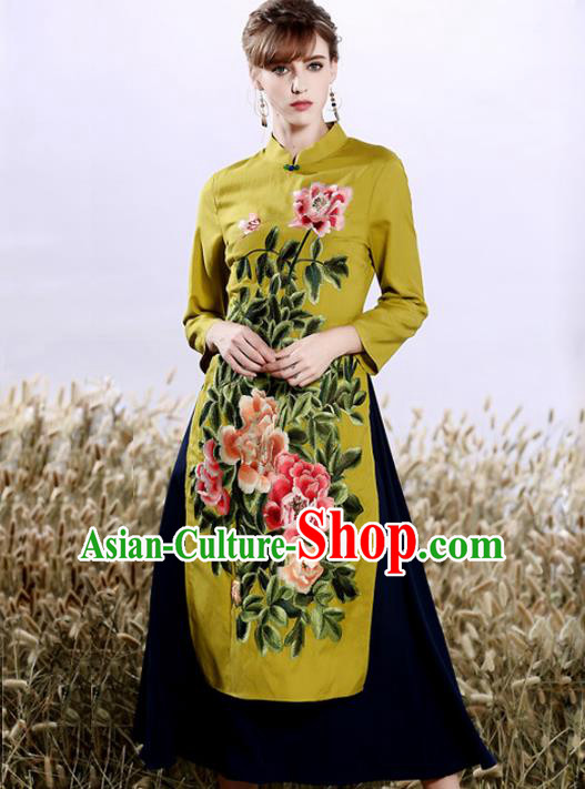 Chinese National Costume Embroidered Peony Cheongsam Green Qipao Dress for Women