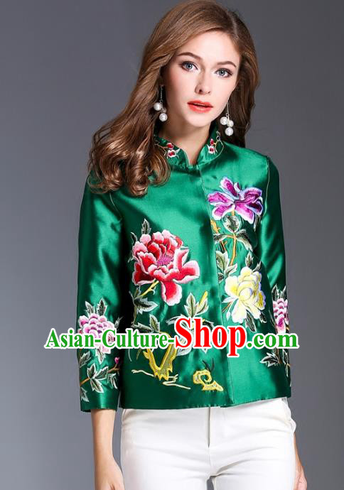 Chinese National Costume Traditional Embroidered Peony Blouse Green Shirts for Women