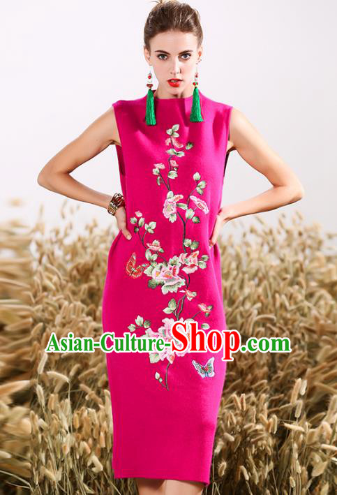 Chinese National Costume Embroidered Butterfly Pink Cheongsam Vintage Qipao Dress for Women