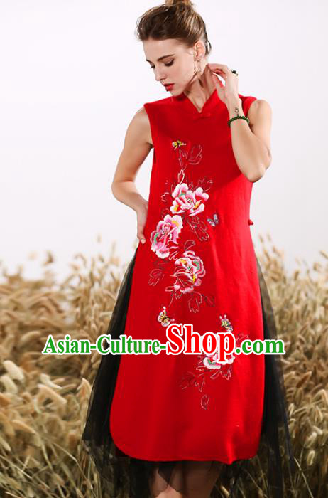 Chinese National Costume Embroidered Peony Red Cheongsam Vintage Veil Qipao Dress for Women
