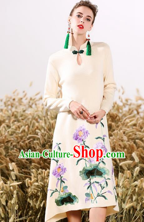 Chinese National Costume Embroidered Peony Cheongsam Beige Wool Qipao Dress for Women