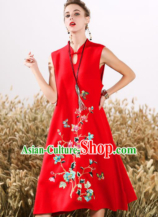 Chinese National Costume Cheongsam Embroidered Peony Red Qipao Dress for Women