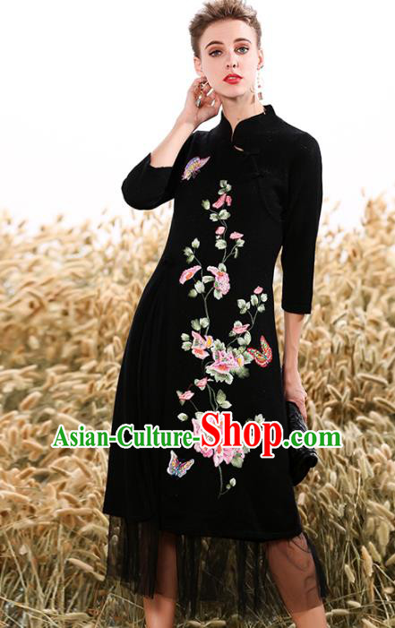 Chinese National Costume Cheongsam Embroidered Peony Black Qipao Dress for Women