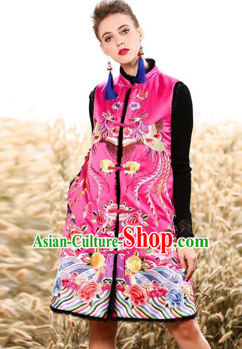 Chinese National Costume Traditional Embroidered Peony Pink Vests Waistcoat for Women