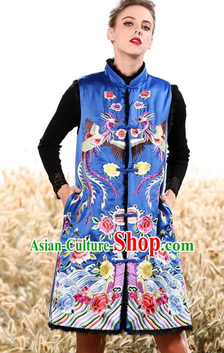 Chinese National Costume Traditional Embroidered Peony Blue Vests Waistcoat for Women