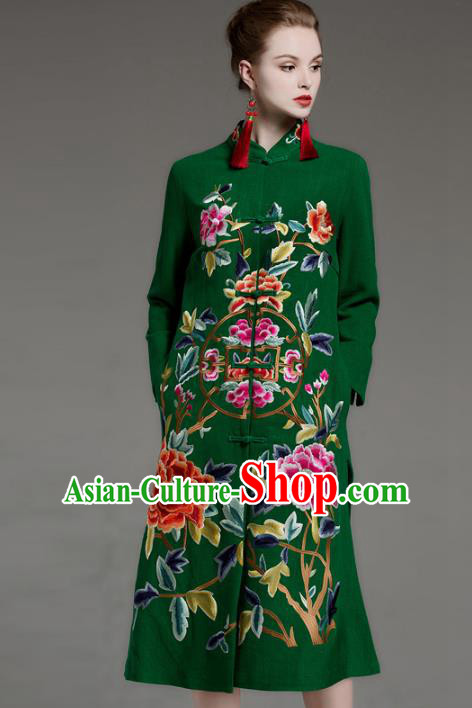 Chinese National Costume Embroidered Peony Coats Traditional Green Dust Coat for Women