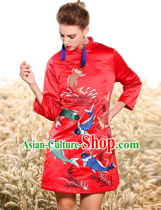 Chinese National Costume Tang Suit Cotton Wadded Jacket Traditional Embroidered Red Blouse for Women