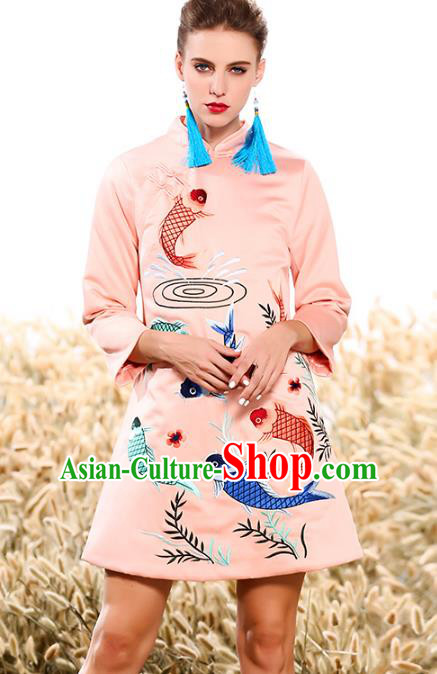 Chinese National Costume Tang Suit Cotton Wadded Jacket Traditional Embroidered Pink Blouse for Women