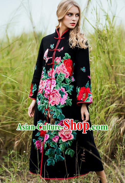 Chinese National Costume Embroidered Peony Black Coats Traditional Woolen Dust Coat for Women