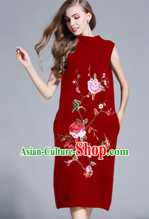 Chinese National Costume Cheongsam Embroidered Peony Red Dress Tang Suit Qipao for Women