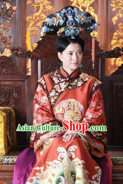 Chinese Ancient Empress Dowager Xiaozhuang Historical Replica Costume China Qing Dynasty Manchu Queen Embroidered Clothing
