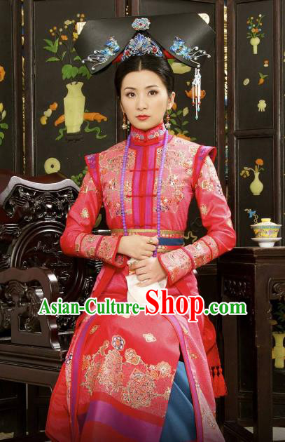 Chinese Ancient Shunzhi Empress Historical Replica Costume China Qing Dynasty Palace Lady Embroidered Clothing