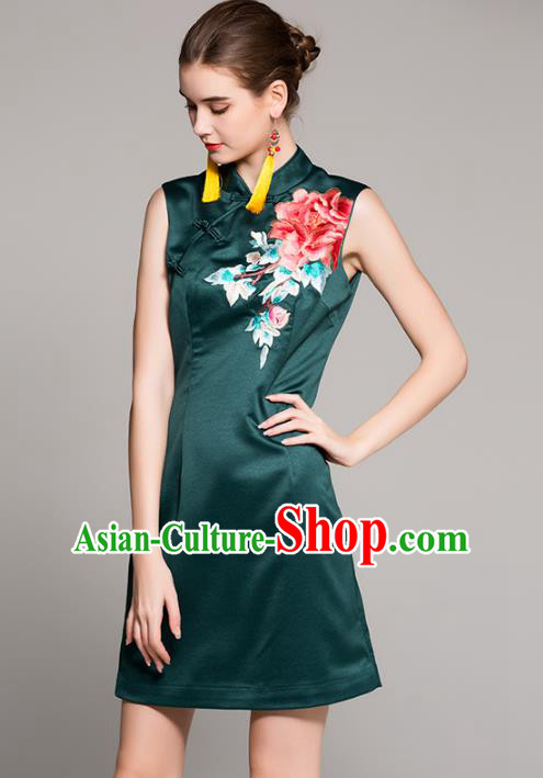 Chinese National Costume Tang Suit Green Qipao Dress Traditional Embroidered Peony Cheongsam for Women