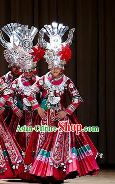 Traditional Chinese Miao Minority Nationality Costume Hmong Folk Dance Red Dress for Women